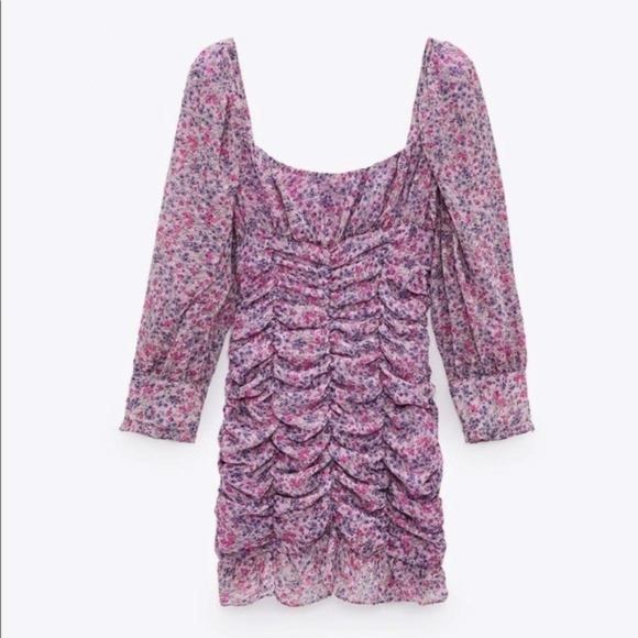 ZARA Ruched lilac floral dress - Picture 2 of 4